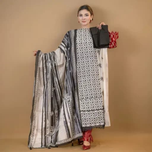 White Unstitch Embroidered Printed Cotton Salwar Kameez C-11892 