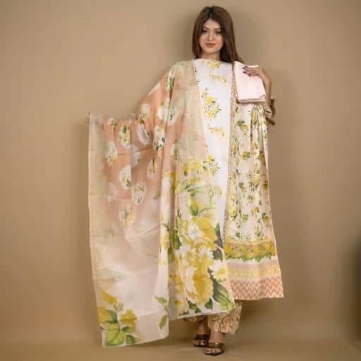 Beige Unstitch Printed Cotton Salwar Kameez C-11905 