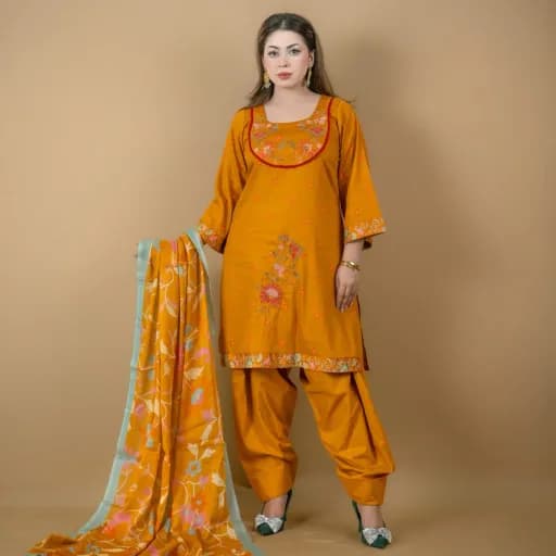 Mustard Yellow Embroidered Printed Satin Cotton Salwar Kameez (Stitched/Unstitched) – C-11912