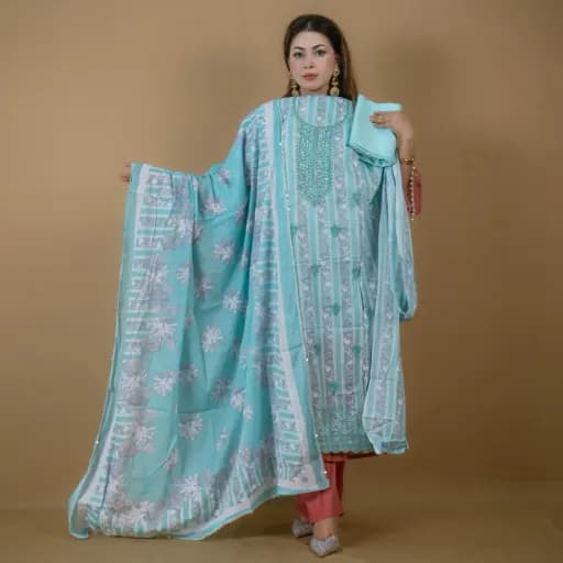Sky Blue Unstitch Embroidered Printed Cotton Salwar Kameez C-11928 