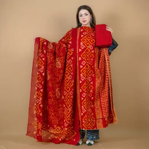 Red Unstitch Printed Cotton Salwar Kameez C-11960