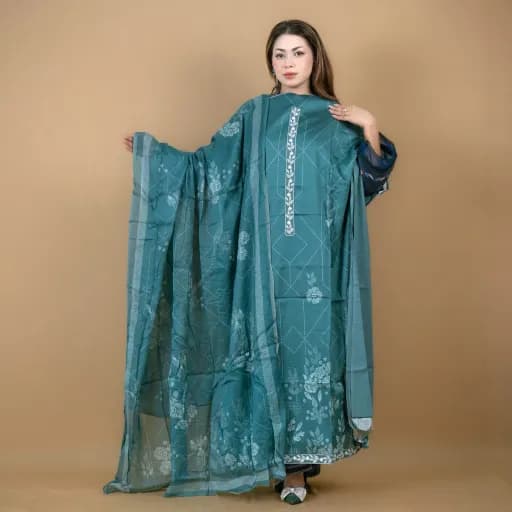 Teal Green Unstitch Embroidered Printed Cotton Silk Blend Salwar Kameez C-11945 