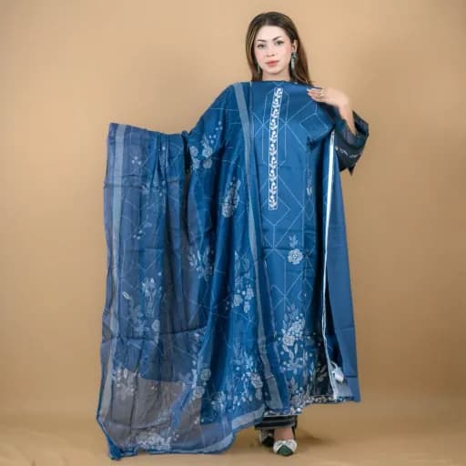 Blue Unstitch Embroidered Printed Cotton Silk Blend Salwar Kameez C-11947 