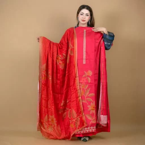 Red Unstitch Embroidered Printed Cotton Silk Blend Salwar Kameez C-11935 