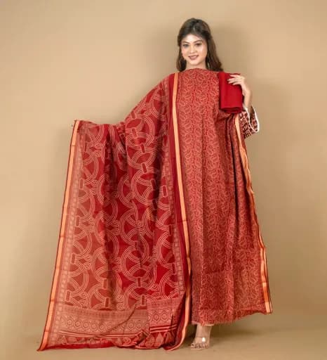 Red Unstitch Printed Kota Cotton Salwar Kameez C- 11961