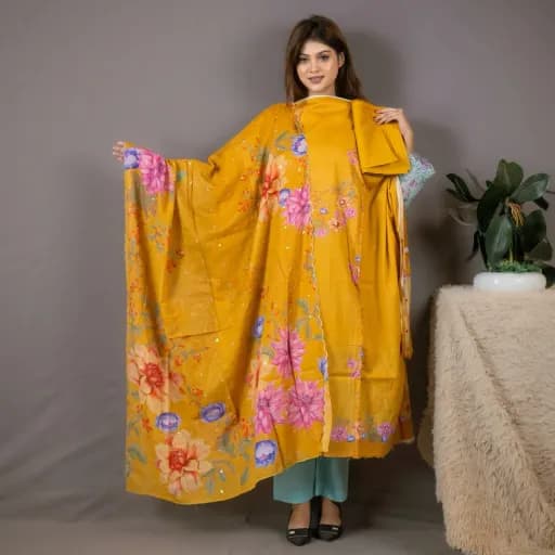 Mustard Embroidered Printed Cotton Salwar Kameez (Unstitched) – C-11984 