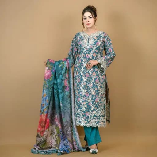 Aqua Embroidered Printed Cotton Salwar Kameez C-11974 – Stitching Available