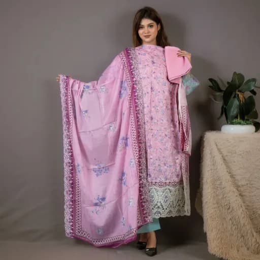 Pink Embroidered Printed Cotton Salwar Kameez (Unstitched) – C-11983 