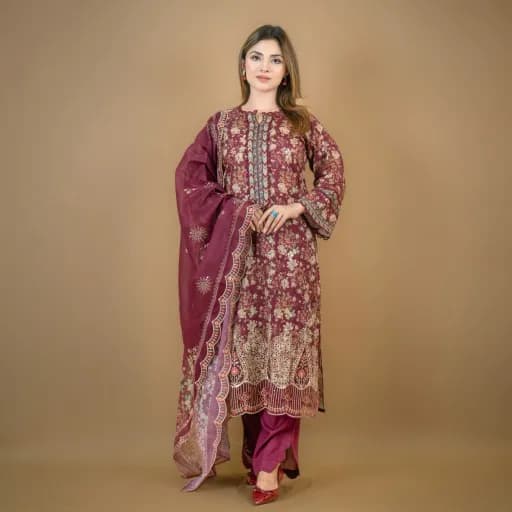 Purple Embroidered Printed Cotton Salwar Kameez C-12004 – Stitching Available