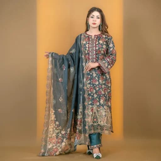 Teal Embroidered Printed Cotton Salwar Kameez C-12002 – Stitching Available