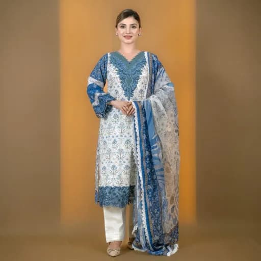 White Embroidered Printed Cotton Salwar Kameez C-11989 – Stitching Available