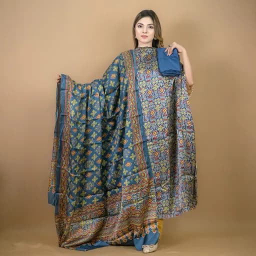 Teal Blue Unstitch Printed Silk Salwar Kameez C-12044 