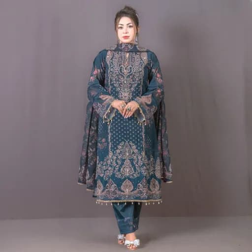 Teal Stitch Unstitch Embroidered Printed Georgette Salwar Kameez C-12091