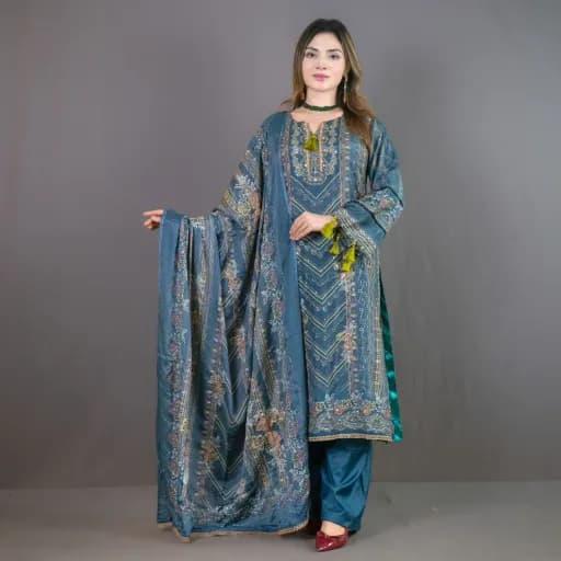 Teal Blue Embroidered Silk Salwar Kameez – C-12105/ Stitching Available