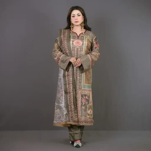 Golden Embroidered Silk Salwar Kameez – C-12133/ Stitching Available