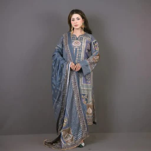 Dusty Blue Embroidered Printed Silk Salwar Kameez – C-12138/ Stitching Available