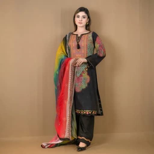 Black Embroidered Printed Cotton Salwar Kameez C-12204 – Stitching Available