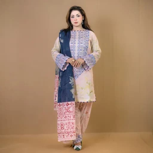 Light Peach Printed Cotton Salwar Kameez C-12202 – Stitching Available