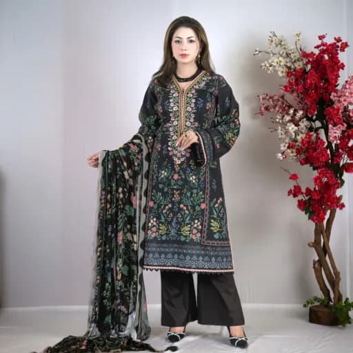 Black Embroidered Printed Cotton Salwar Kameez – Stitching Available – C-12195