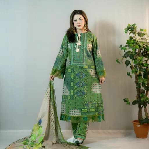 Green Printed Cotton Salwar Kameez –C-12253 Stitching Available