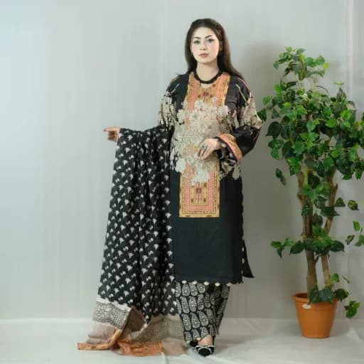 Black Printed Cotton Salwar Kameez –C-12327 Stitching Available