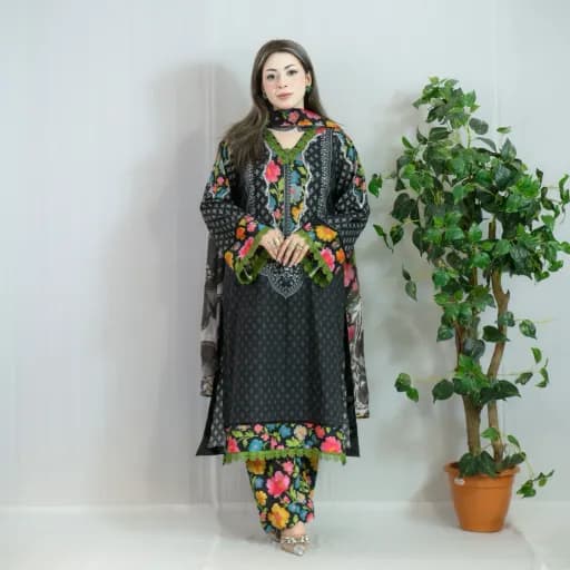 Black Printed Cotton Salwar Kameez –C-12238 Stitching Available