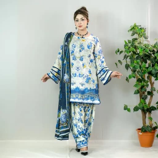 White Blue Printed Cotton Salwar Kameez –C-12454 Stitching Available