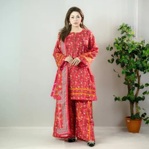 Crimson Red Printed Cotton Salwar Kameez –C-12526 Stitching Available