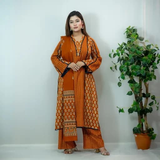 Mustard Orange Printed Cotton Salwar Kameez –C-12493 Stitching Available