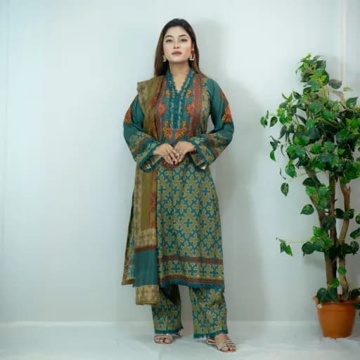 Green Printed Silk Salwar Kameez -C-12532 Stitching Available