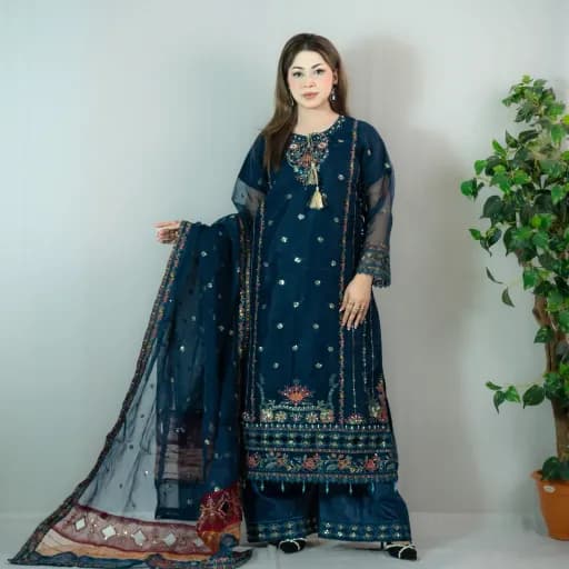 Midnight Blue Organza Salwar Kameez – C- 12598 -Stitching Available