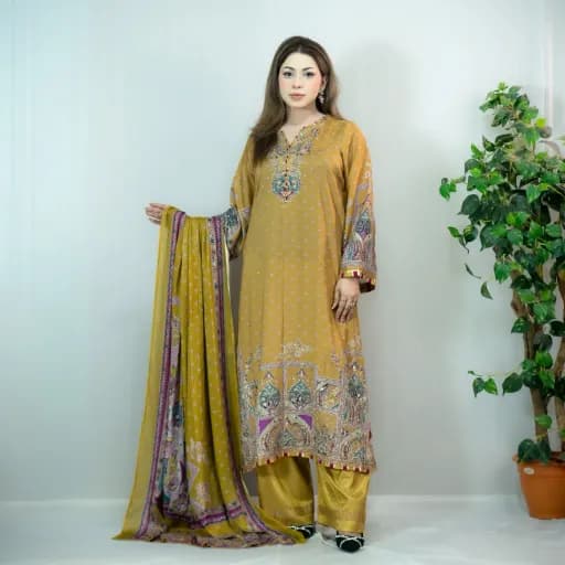 Mustard Printed Silk Salwar Kameez -C-12442 Stitching Available