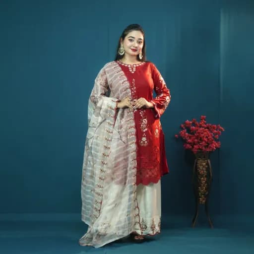 Red Embroidered Cotton Salwar Kameez –C-12601 Stitching Available