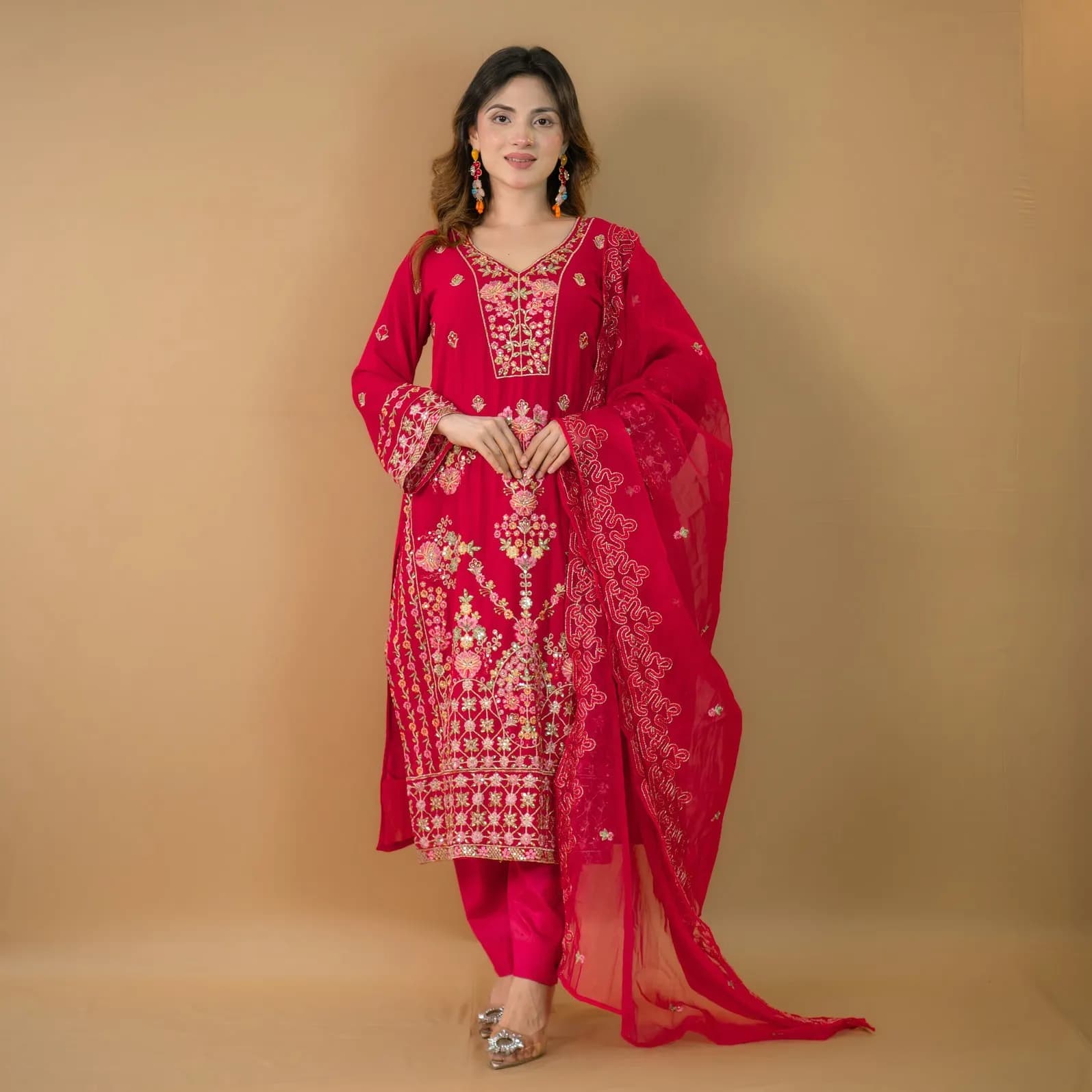 Hot Pink Embroidered Georgette Salwar Kameez – Stitching Available