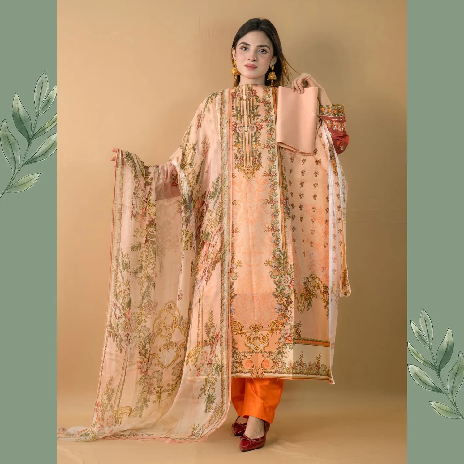 Melon Unstitched Printed Cotton Salwar Kameez C-11585
