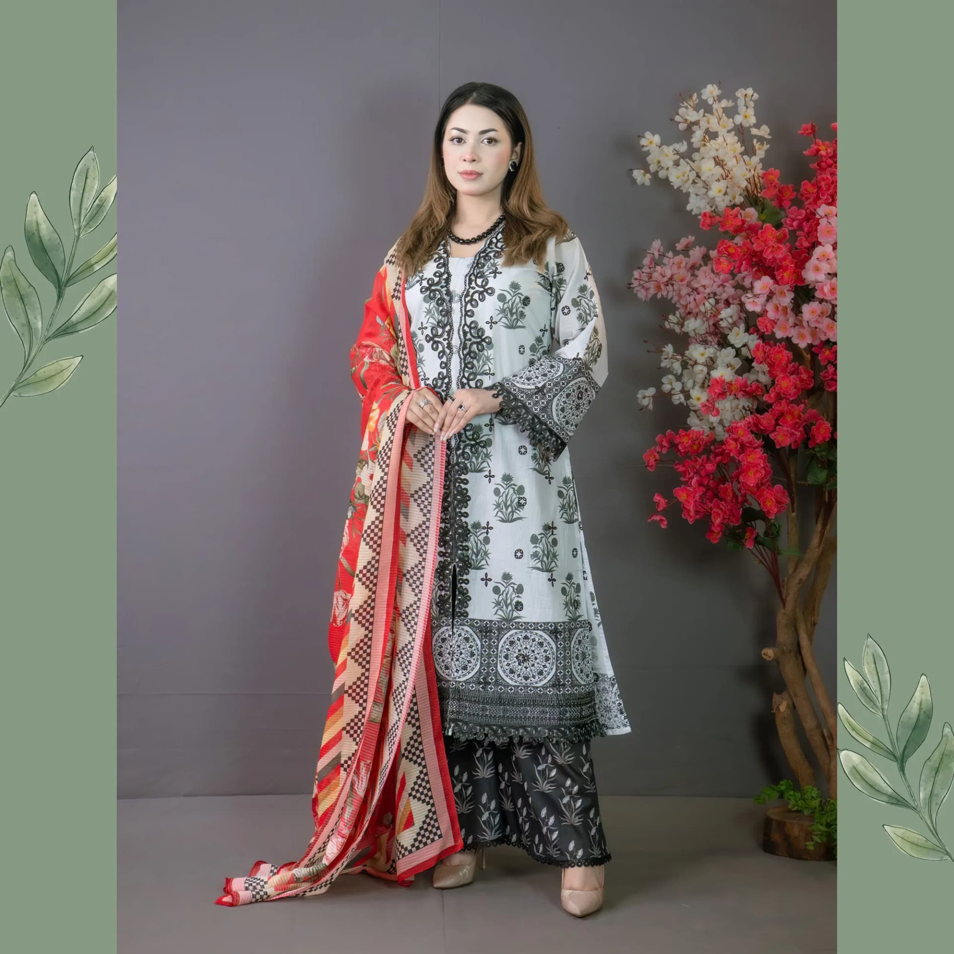 Black White Unstitch Embroidered Printed Cotton Salwar Kameez C-11536