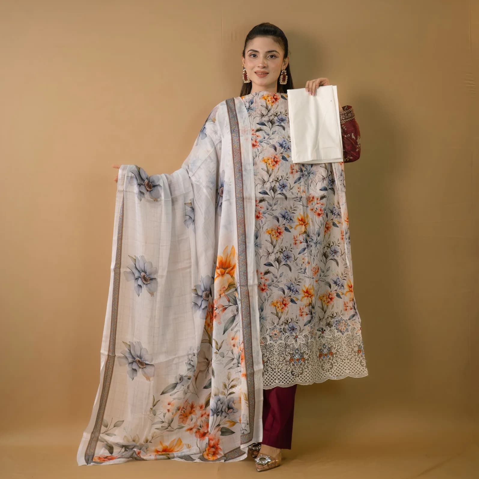 White Unstitch Embroidered Printed Cotton Salwar Kameez C-11714