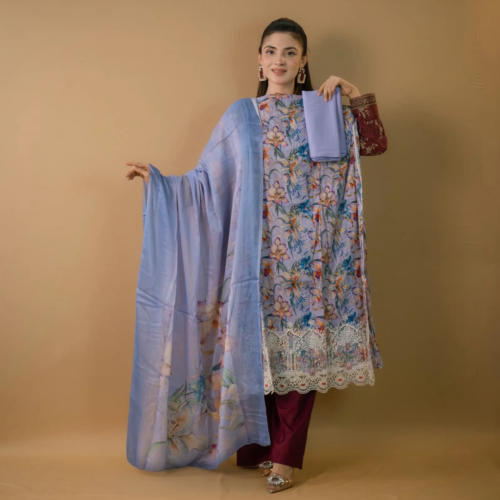 Purple Unstitch Embroidered Printed Cotton Salwar Kameez C-11717