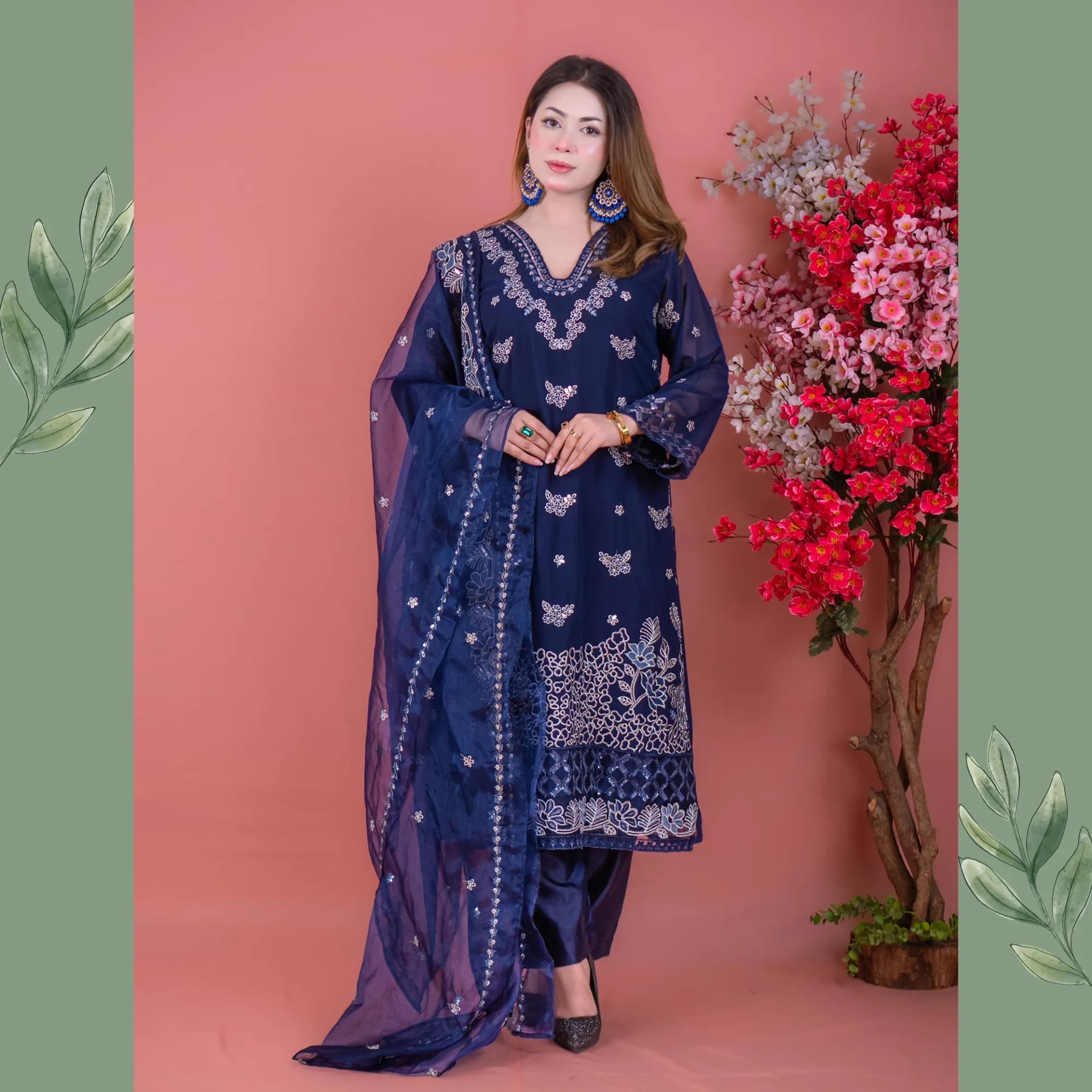 Blue Embroidered Georgette Collection with Organza Dupatta & Santoon Trousers C-11162 – Stitching Available