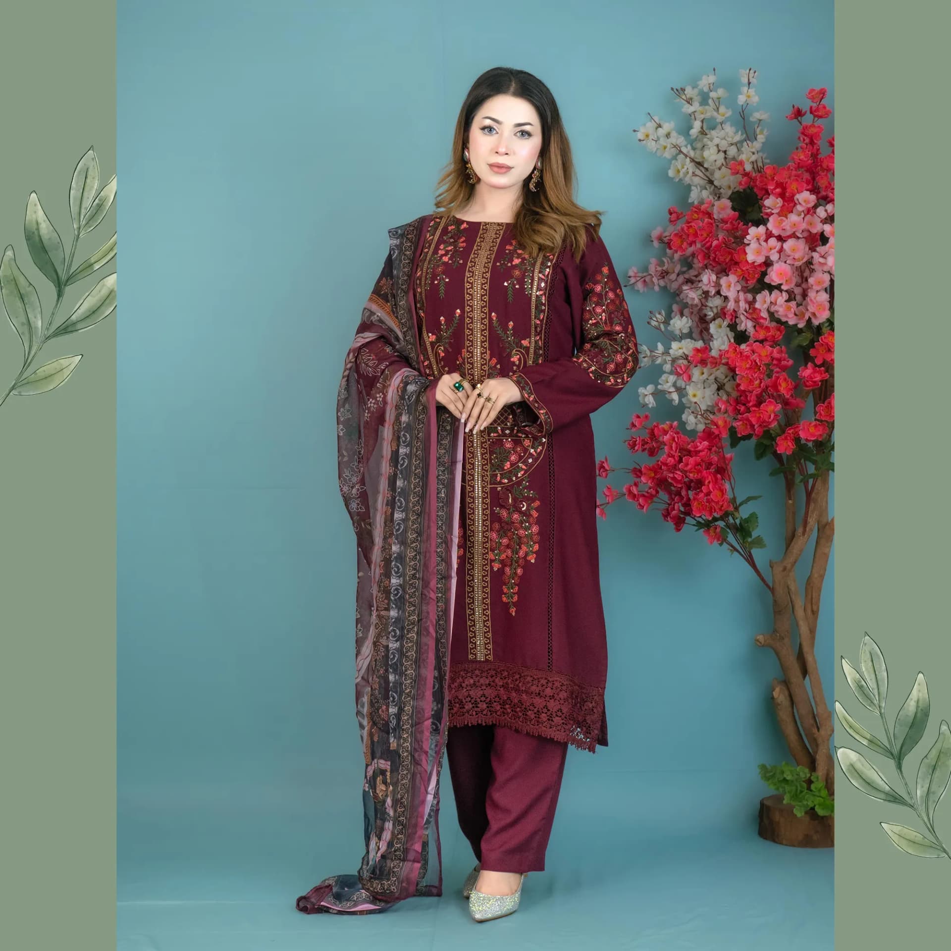 Burgundy Embroidered Rayon Cotton Chiffon Dupatta C-11311 – Stitching Available