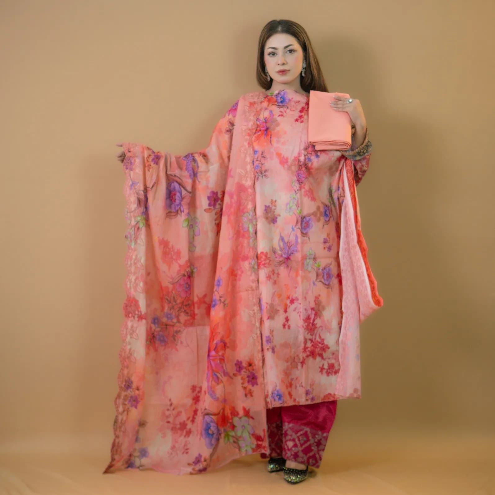 Peach Unstitch Embroidered Printed Cotton Salwar Kameez C-11841