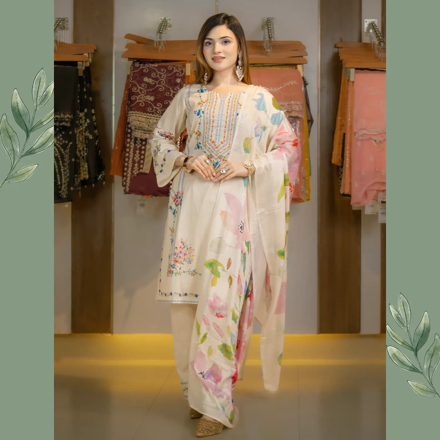 Cream White Printed Cotton Salwar Kameez C-10559 – Stitching Available