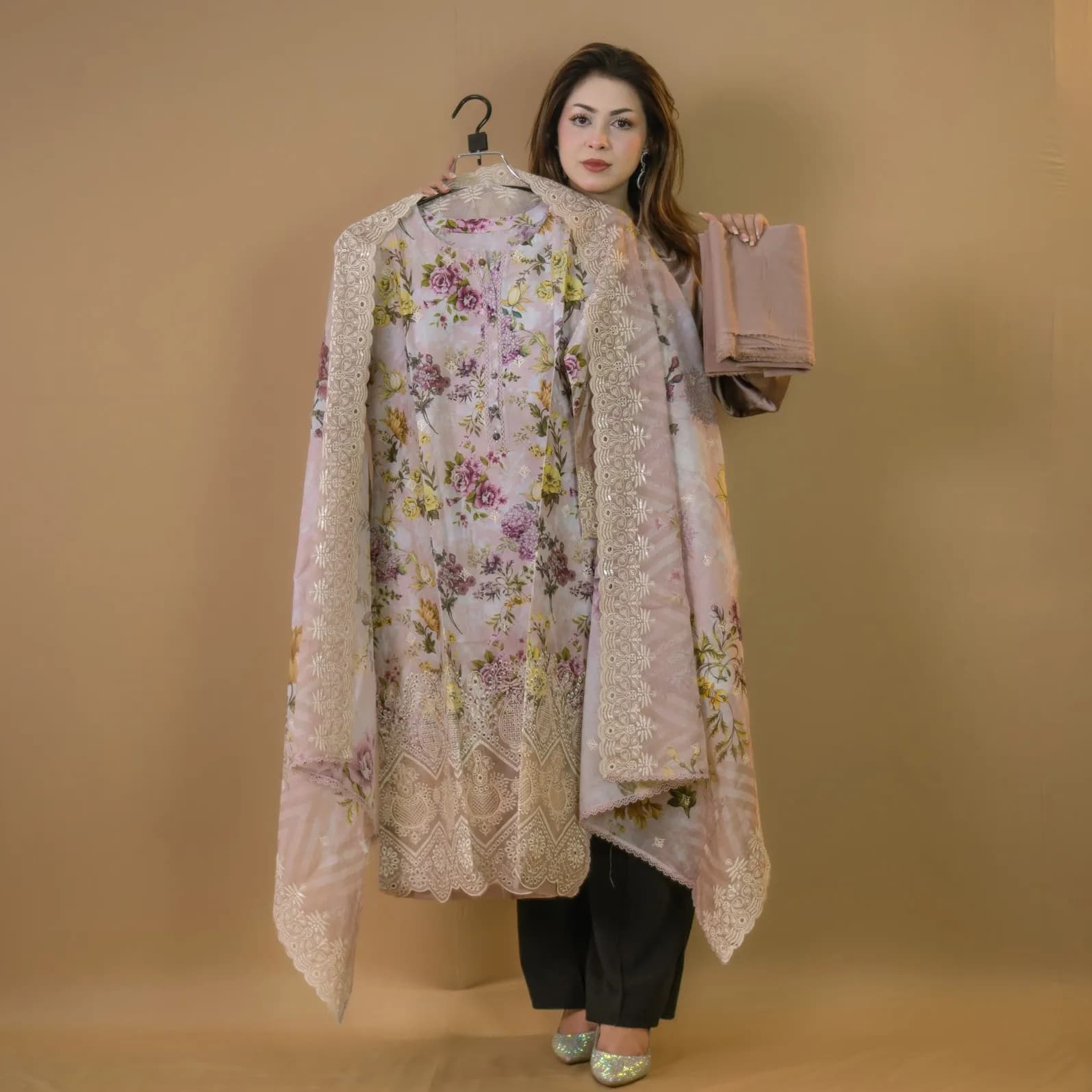 Beige Pakistani Brand Inspired Semi-Stitch Embroidered Cotton Salwar Kameez C-11866