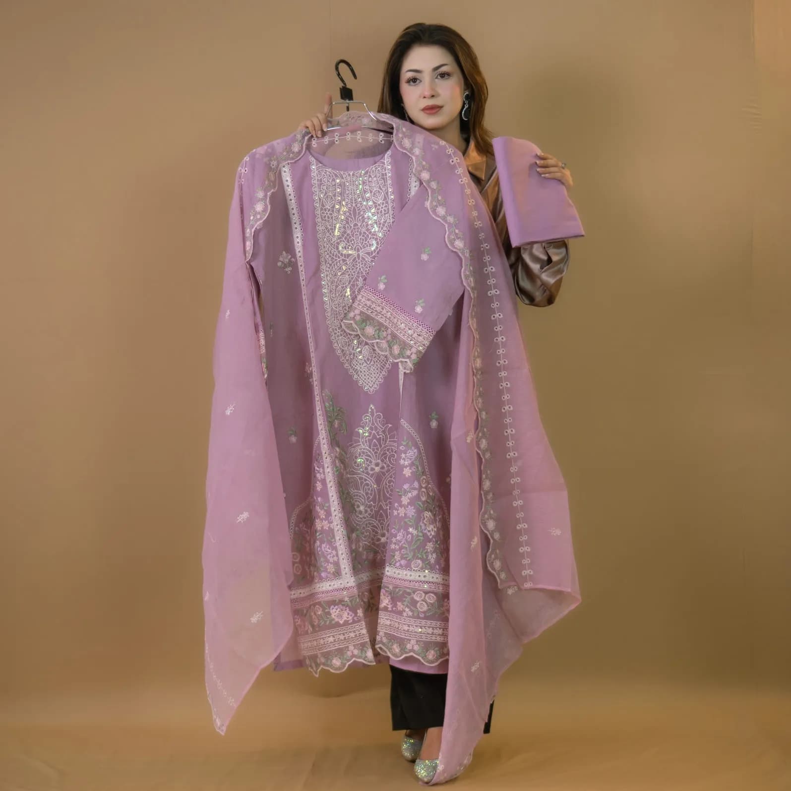 Plum Pakistani Brand Inspired Semi-Stitch Embroidered Cotton Salwar Kameez C-11865