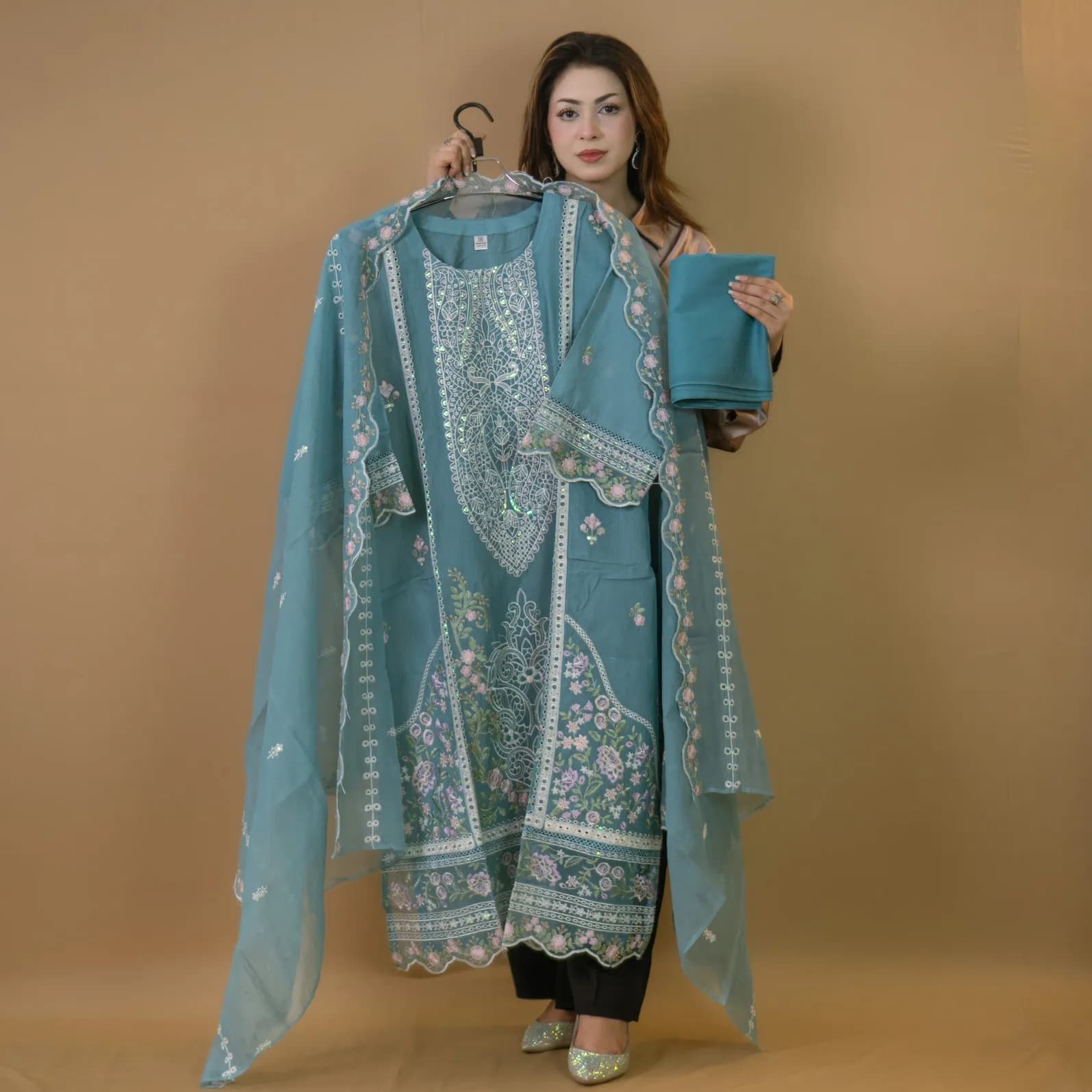 Pastel Pakistani Brand Inspired Semi-Stitch Embroidered Cotton Salwar Kameez C-11864