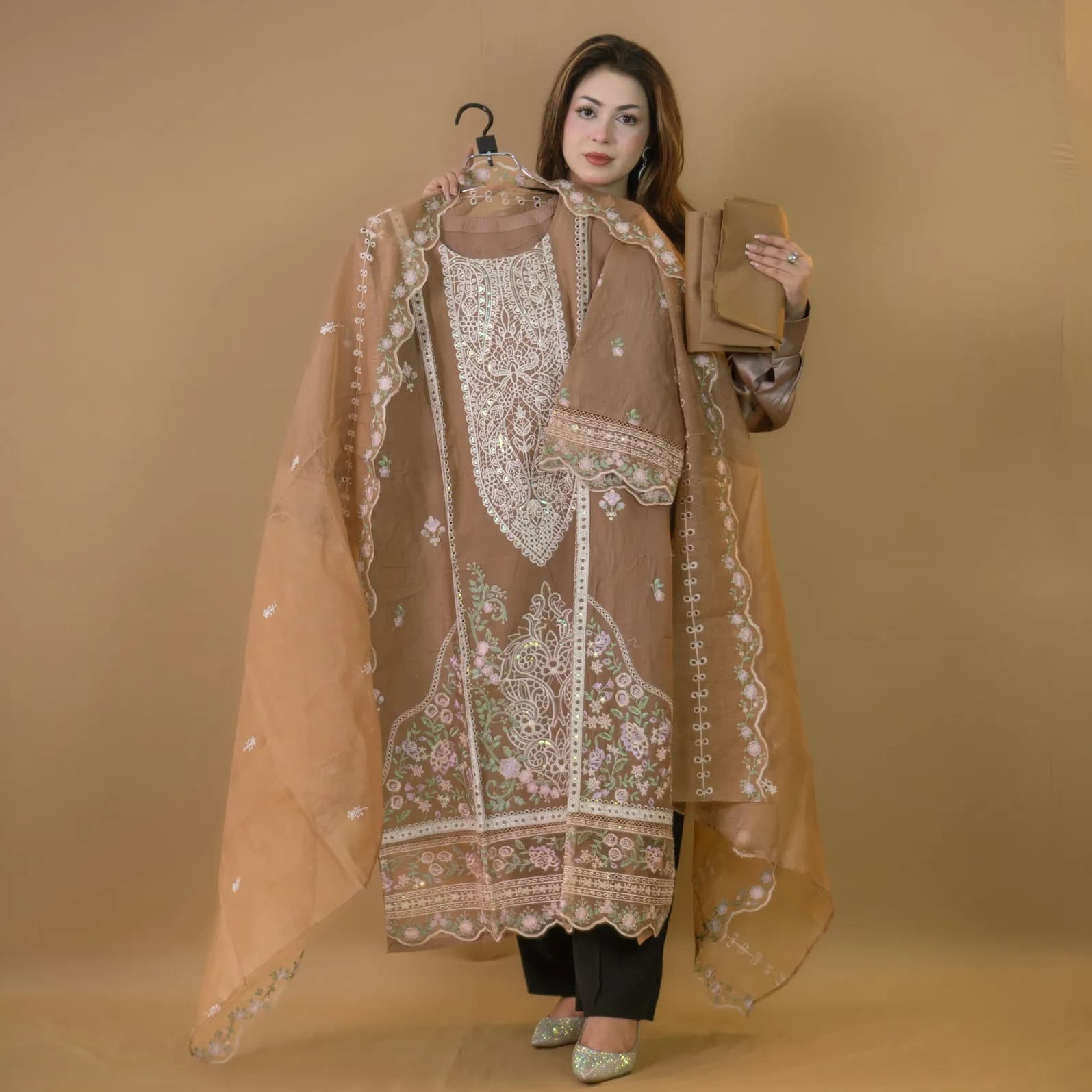 Beige Pakistani Brand Inspired Semi-Stitch Embroidered Cotton Salwar Kameez C-11863