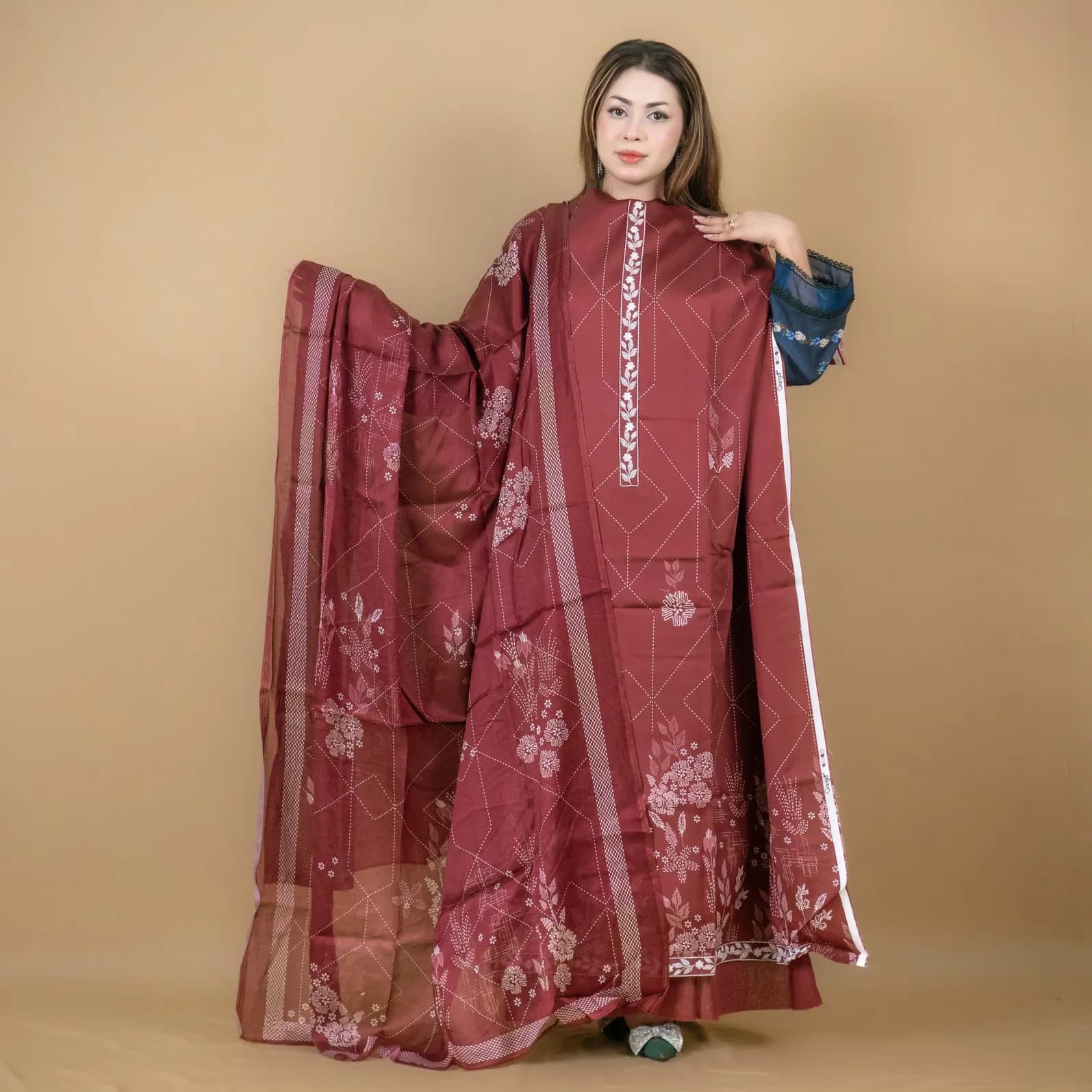 Maroon Unstitch Embroidered Printed Cotton Silk Blend Salwar Kameez C-11948