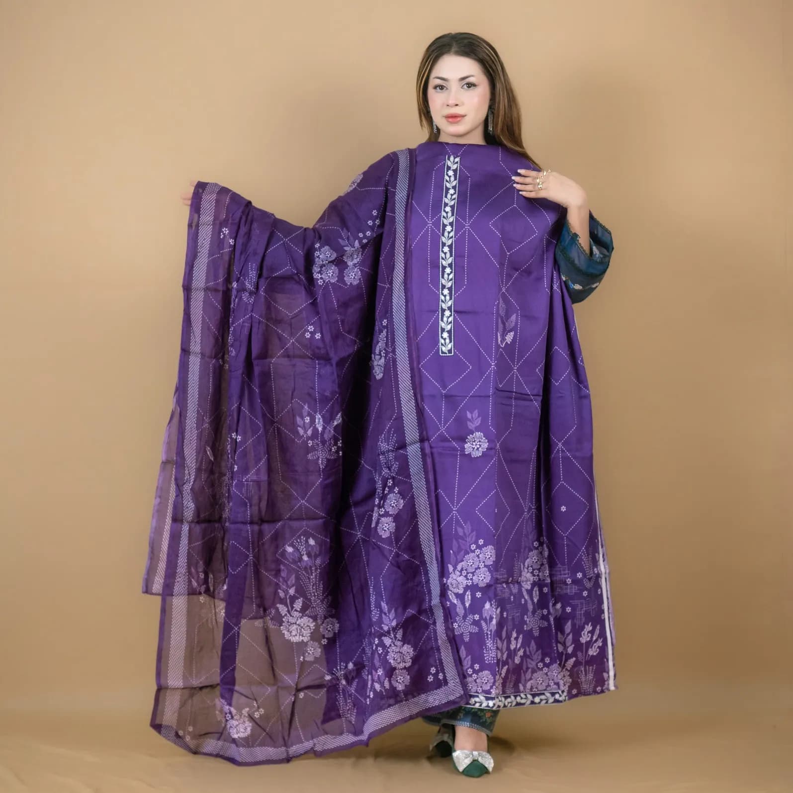 Voilet Unstitch Embroidered Printed Cotton Silk Blend Salwar Kameez C-11949