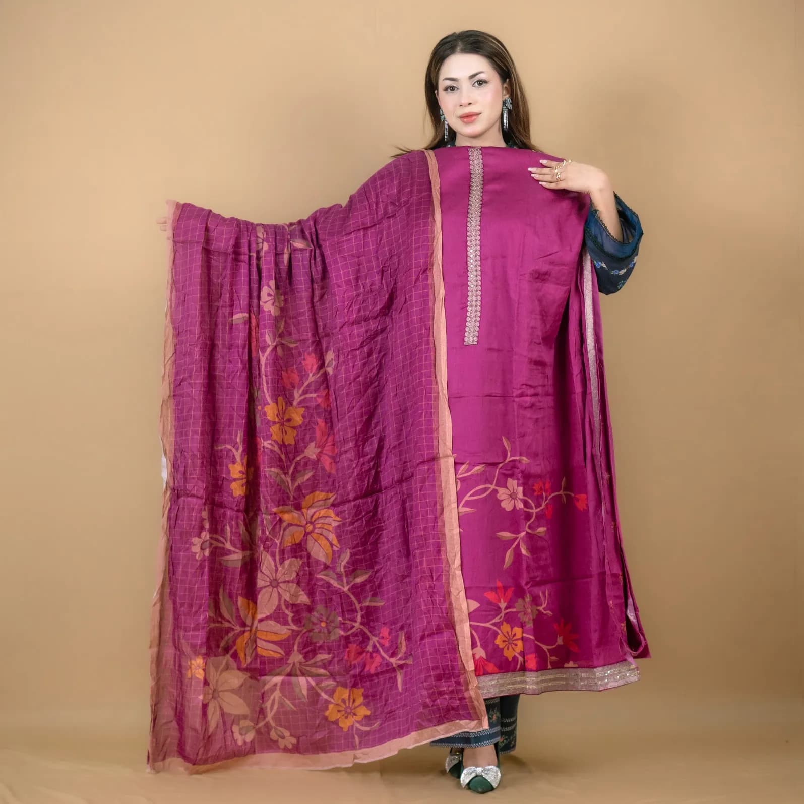 Magenta Unstitch Embroidered Printed Cotton Silk Blend Salwar Kameez C-11946