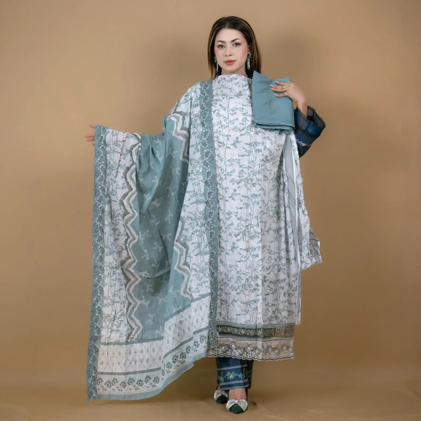 Mist Green Embroidered Printed Lawn Salwar Kameez (Unstitched) – C-11962